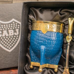 Imperial de cuero crocco azul con virola de alpaca con dije bronce de boca y base reforzada con bolita de bronce